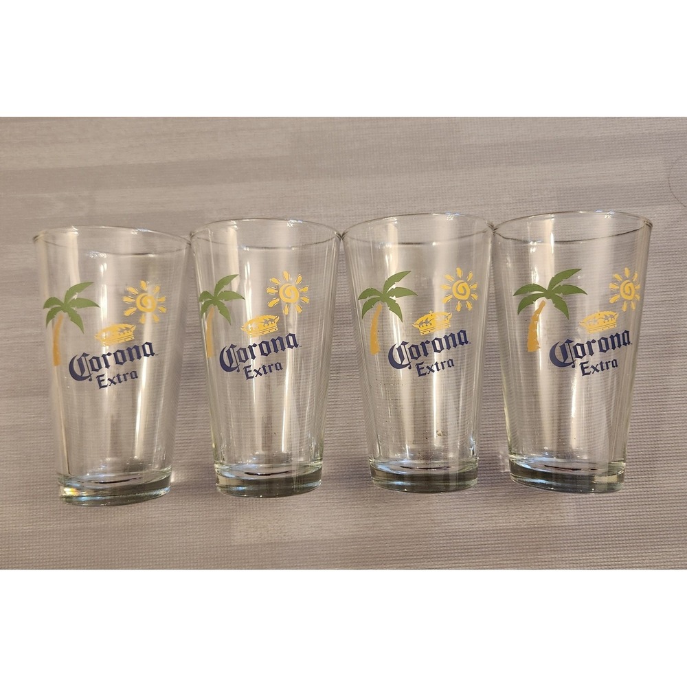 Corona Extra Beer Pint‎ Glasses Set of 4 Palm Tree Sun Graphic Clear Glass 16oz